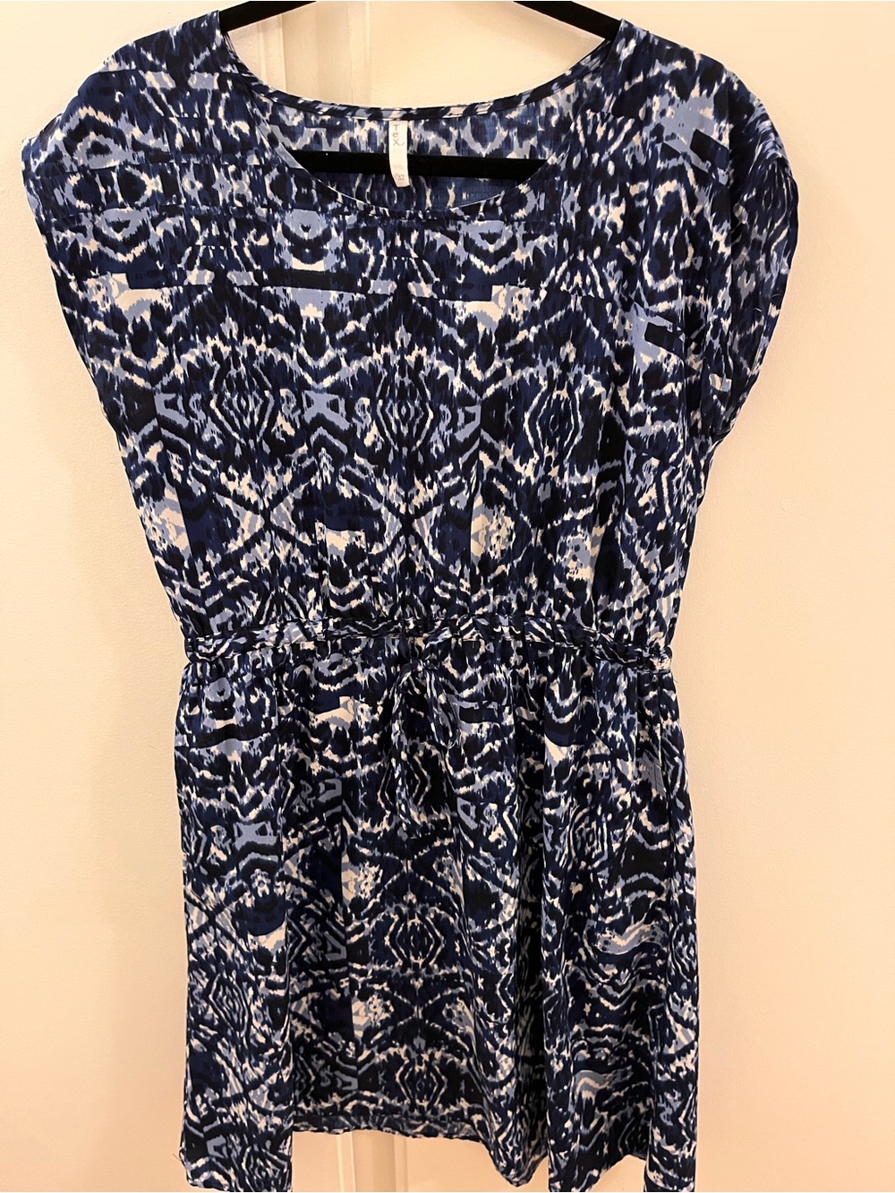 TEX Blue Ikat Print Mini Dress with Drawstring Waist - Size 42 (US Large)